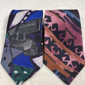 Lot of 2 Vintage Italian All Silk Handmade Abstract Neck Ties Blues Plums 3.75"
